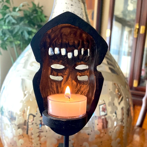 African Mask Votive Candle Holder on Metal & Wood Stand - Picture 6 of 6